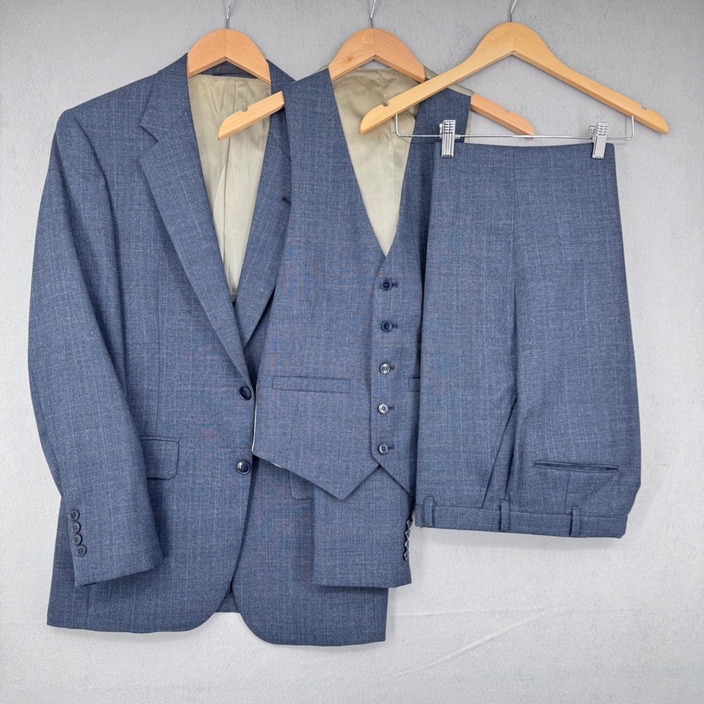 Cerruti 3 Piece Suit Mens Blue Glen Plaid Blazer Vest Pants Luxury Tailored